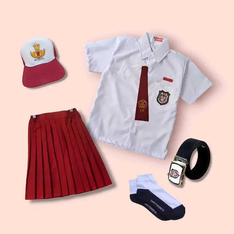 Setelan Seragam sekolah Merah Putih SD Anak Perempuan Baju Putih Lengan Pendek Rok Merah Pendek 1
