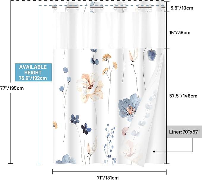 Package Included 1 Shower curtain and 1 fabric snapon replacement Liner