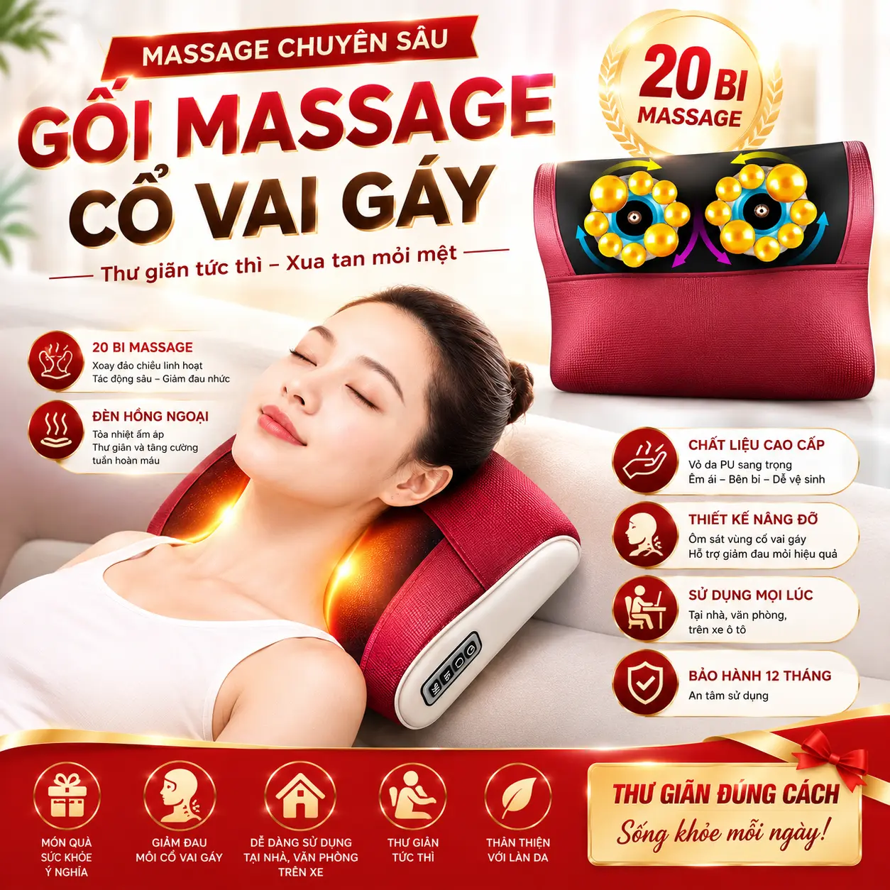 Gối Massage Cổ Vai Gáy, Máy Massage Hồng Ngoại 20 Bi, Cải thiện Đau cổ -Vai -Gáy- Lưng- Cột sống thiết bị massage massager gối massage