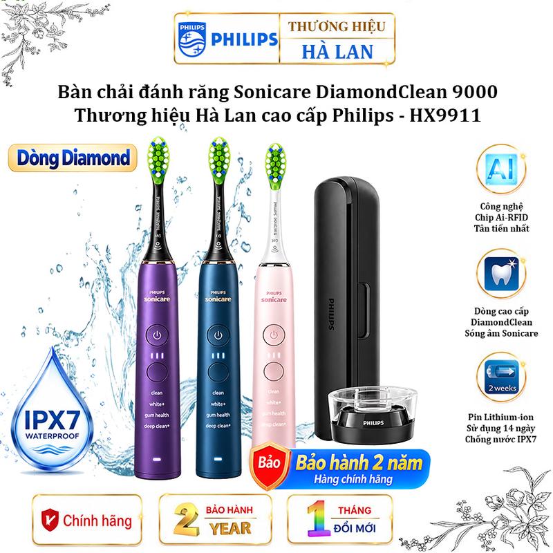 BH 2 NĂM - Bàn chải đánh răng điện Sonicare DiamondClean 9000 - Dòng cao cấp. Thương hiệu Hà Lan nổi tiếng Philips - HX9911