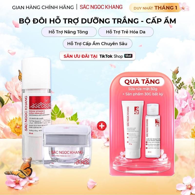 Bộ Đôi Hỗ Trợ Tái Sinh: Tinh Chất Serum Vitamin C 30ML + Kem Dưỡng Ngày 5In1 30G Sắc Ngọc Khang - Hỗ Trợ Dưỡng Trắng Mịn Mướt Căng Bóng Làm Đẹp Da Phục Hồi Làn Da Tươi Trẻ Skincare