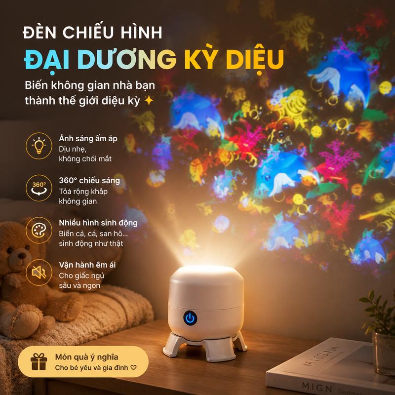 Máy Chiếu LED Đại Dương 4K Cho Bé | Đèn Ngủ Thông Minh 360° Tự Động Tắt