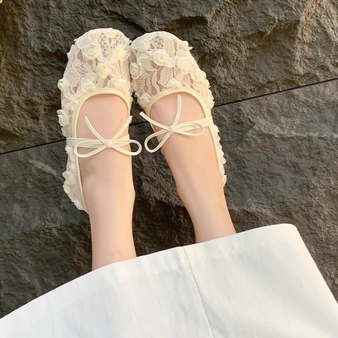 FORM RỘNG LÙI 1 SZ Giày Búp Bê Nữ Ren Hoa Hồng Tiểu Thư Phong Cách Hàn Quốc V037