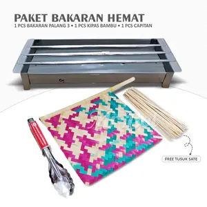 Paket Hemat Alat Bakaran Portable Set Panggangan Sate Kipas Bambu Capitan Stainless Free Tusuk Sate