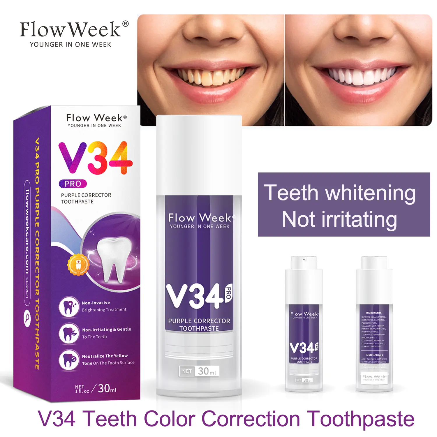 Flow Week Toothpaste Whitening Oral Cleansing Teeth Clean Remove smoke stains Relieve yellowing of teeth eliminate coffee milk tea stains on teeth Optical Color teeth  essence