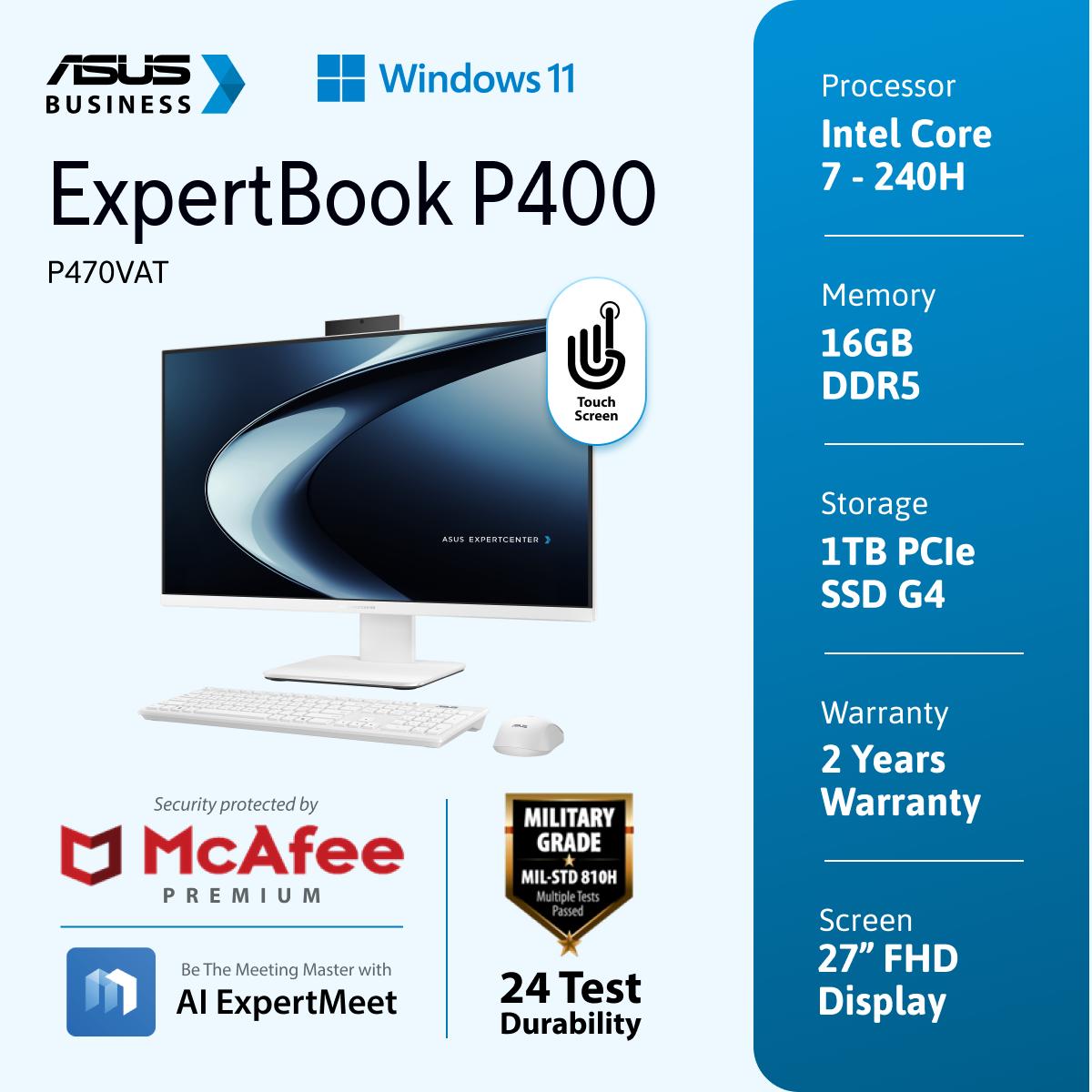 ASUS ExpertCenter P400 [P470VAT-W7112WSH] 27" FHD Touch/intel 7-240H/DDR5 16G/1TB PCIe SSD G4/Win 11 Home +OHS'24+M365/2YOSS (1Y ADP)/White  (HAS Stand/IR Cam/TPM/WiFi 6E/Wireless KB&MS/HDMI-in/Mcfee)