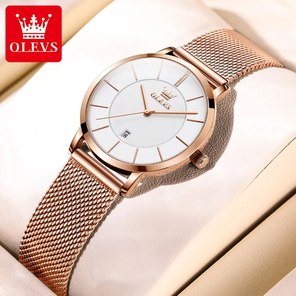 OLEVS Original Brand Quartz Watch for Women Rose Gold Mesh Steel Bracelet Elegant Korean Style Casual Waterproof Ultra-Thin Ladies Watches Calendar Wristwatch Gift