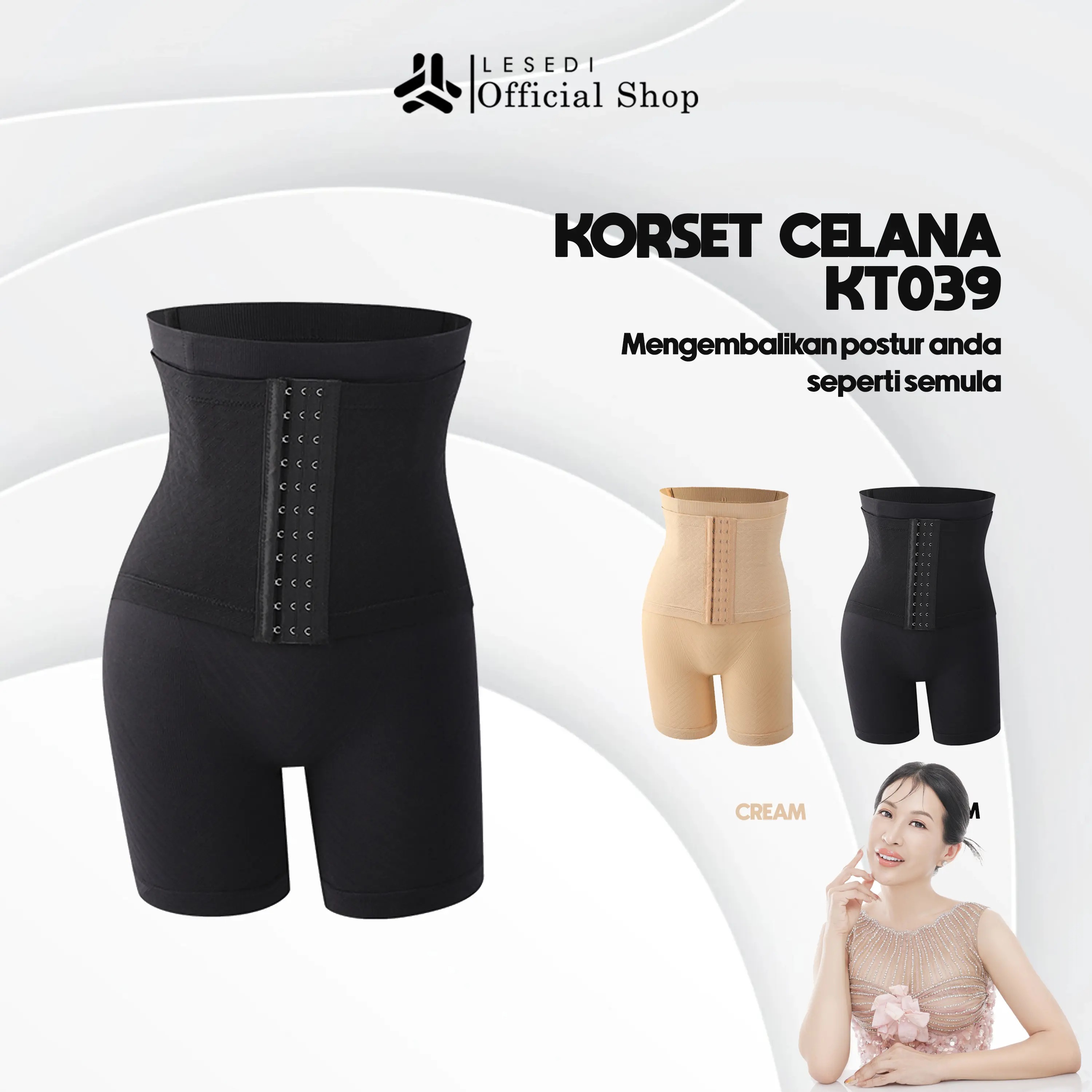 LESEDI Panjang  Korset Legging Celana Wanita Motif Polos High Waist Bahan Seamless KT039 Warna Hitam/Cream Tebal Lembut