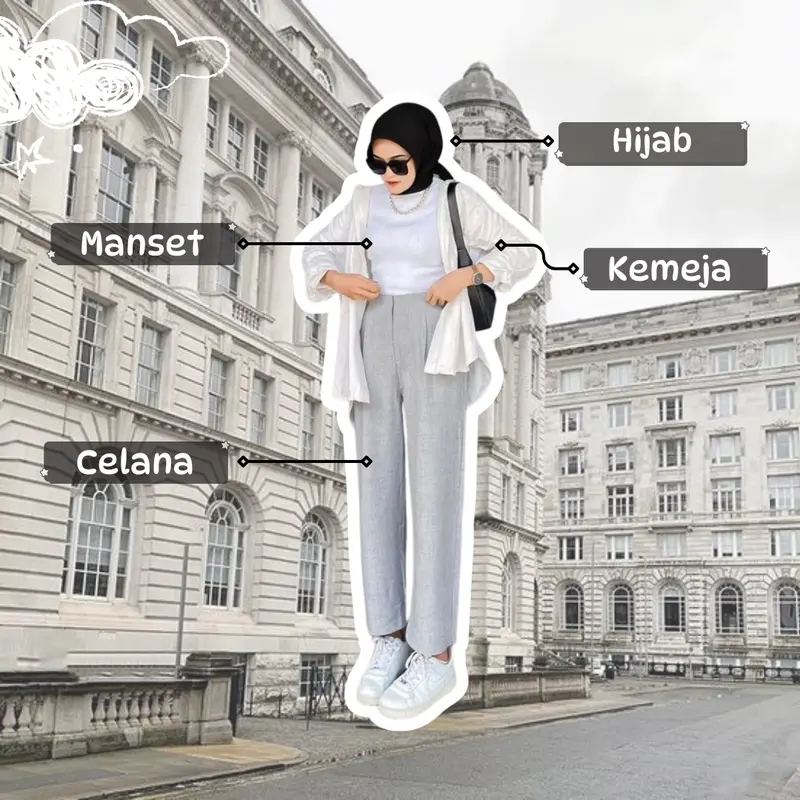 AB012 - 4 IN ONE SET REMAJA KOREAN LOOK HIJAB | OOTD CASUAL KEKINIAN ( Hijab Bella Square + Manset + Kemeja Putih + Celana Crinkle premium ) 1