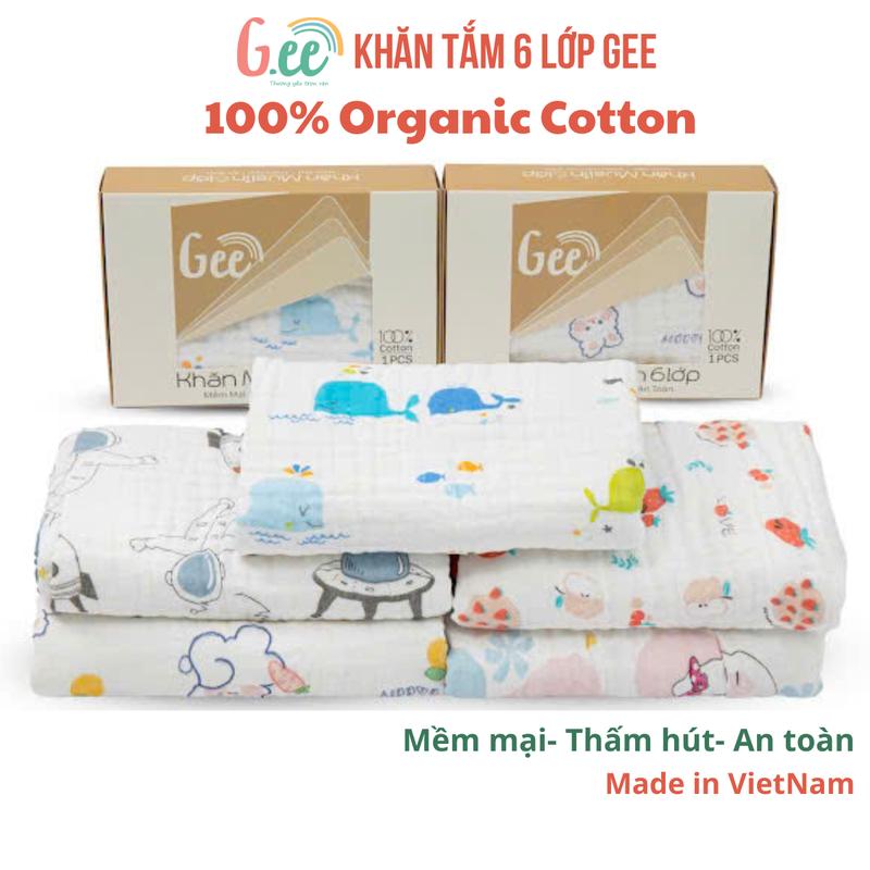 Khăn tắm 6 lớp cho bé, khăn tắm xô muslin 100% organic cotton Gee, mềm mại, thấm hút và an toàn với làn da, hình in xinh xắn cho cả bé trai và bé gái, kích thước 100x 110cm