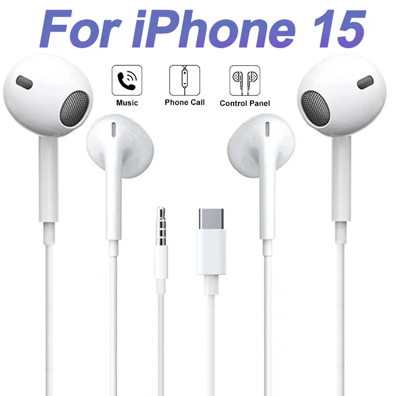 Type C wired earphones for Apple iPhone 15 Pro Max in-ear with microphone for Sumsung onepuls Xiaomi Redmi Huawei USB C earpbuds
