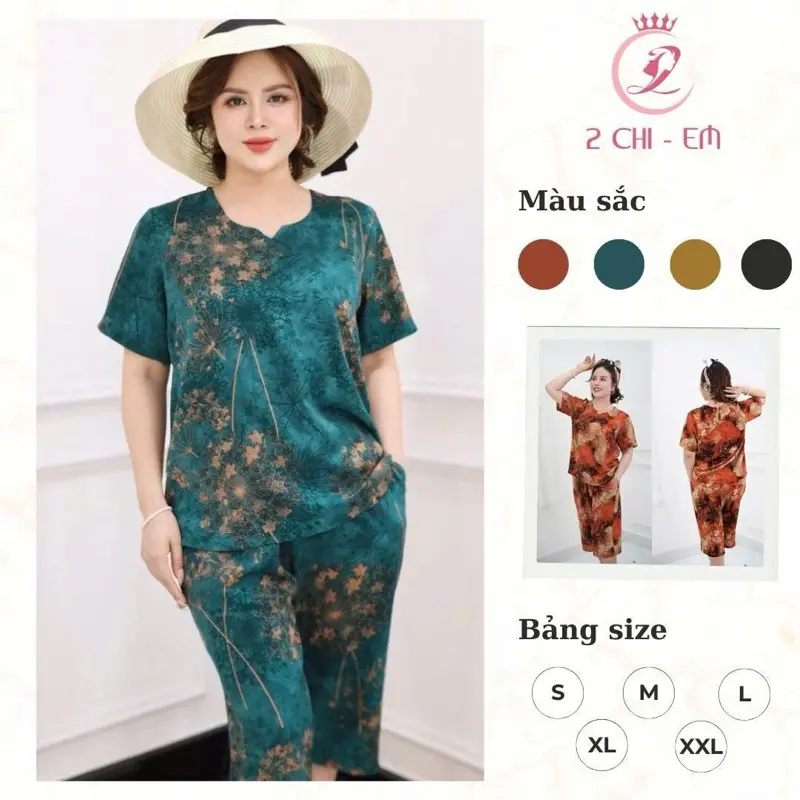 Đồ Bộ Trung Niên Cho Mẹ , Áo Cổ Tròn, Quần Suông Lửng Ngang Gối Ms19 Nữ Women Top
