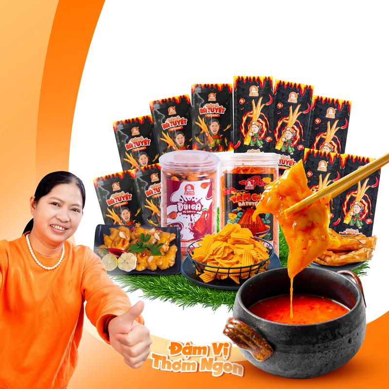 (Tặng 1 hũ sốt chấm) Combo SONG GÀ SONG BIM: 10 chân gà + 1 bim bim tăm cay + 1 hũ đùi gà - ĂN CÙNG BÀ TUYẾT