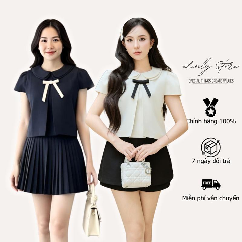 Áo kiểu nữ thiết kế croptop phối cổ kèm nơ áo vest nữ cổ sen tay ngắn tiểu thư Linly Store A-KIE31
