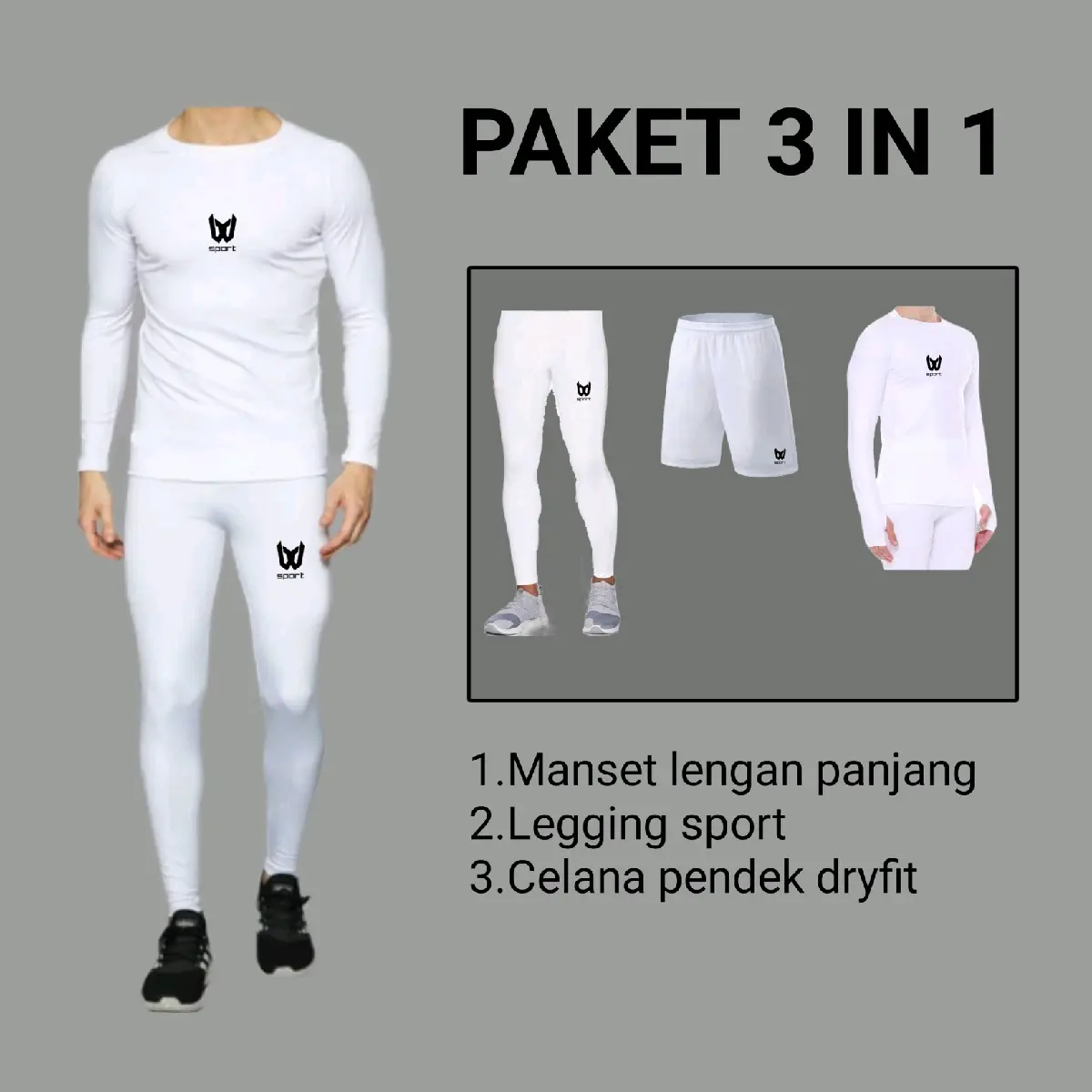 3in1 set baju olahraga pria wanita manset baselayer legging sport celana drtfit paket stelan sport