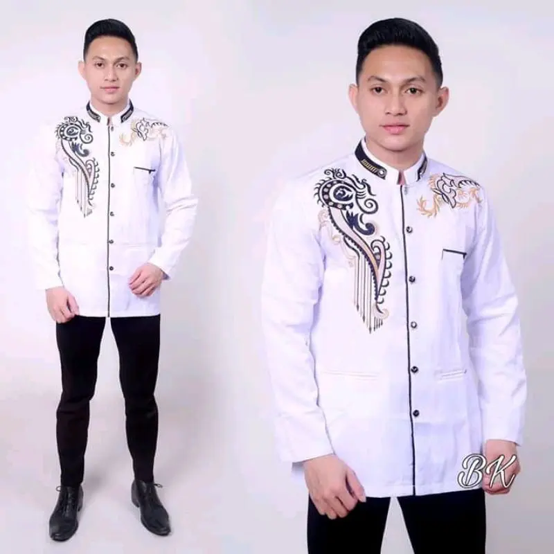 Sabila- Jasko Putih Series, Jas Koko Pakaian Muslim Putih Polos, Bordir, & Motif Akar Baju High