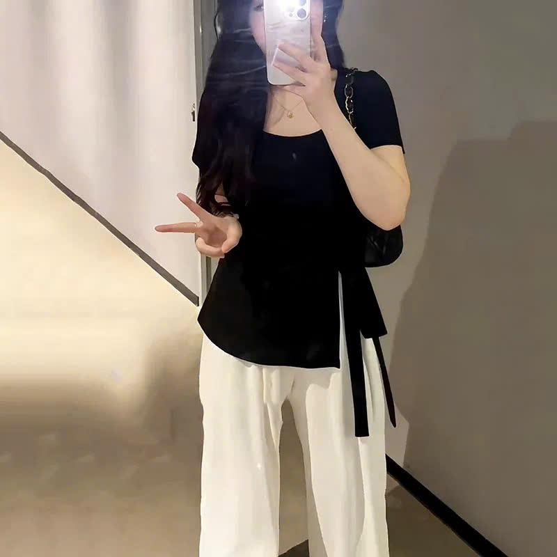 Áo Cổ Vuông Xẻ Tà Dây Buộc Áo Thun Tay Ngắn Màu Sắc Trơn Mềm Mịn Co Giãn Mặc Cực Êm Quyến Rũ