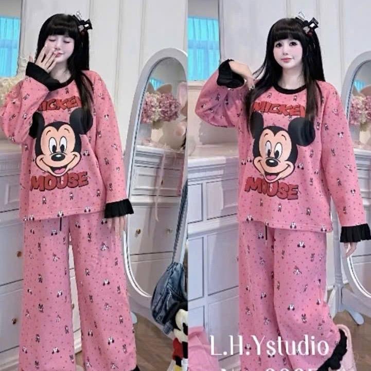  Sét bộ nữ Tay dài Micky Thun tăm + Quần suông rộng bèo viền Hình thật trải sàn chất liệu thun gân tăm Hàn 