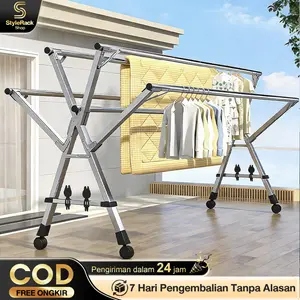 Jemuran Baju Lipat 5 Tiang Dengan Roda Jemuran Baju Lipat Stainless Steel Jemuran Pakaian Super Kuat,Kokoh Dan Anti Kara