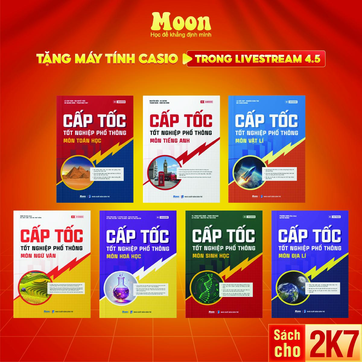 Sách Tổng ôn cấp tốc Toán, Lý, Hoá, Anh, sinh, địa, văn ôn thi THPT 2025, lớp 12 moonbook