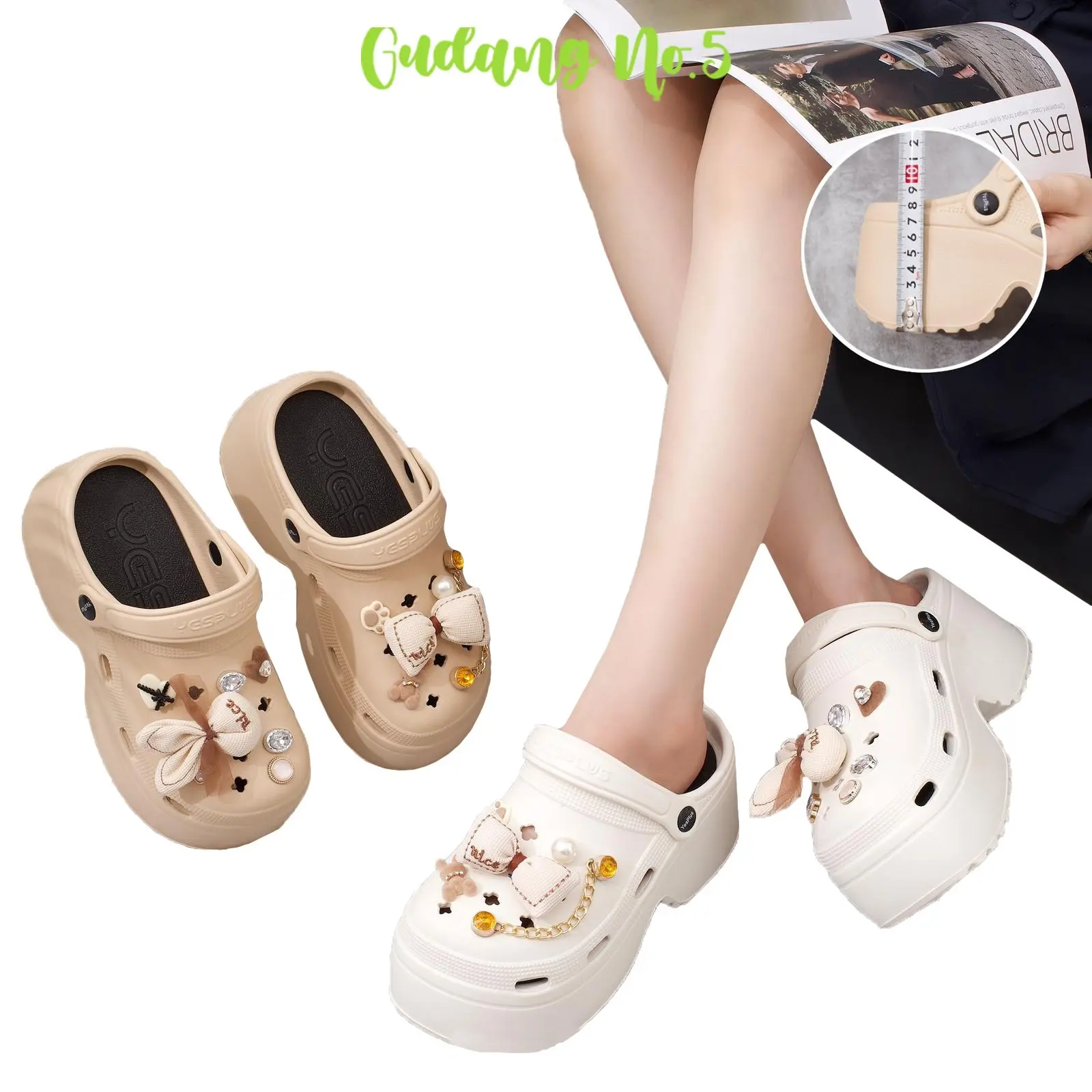 Sandal Baim EVA Rubber Wanita Import Sandal Tinggi 9 CM Jibbitz 3D Pita Anti Slip 8899-10 Putih Sendal Putih Sendal