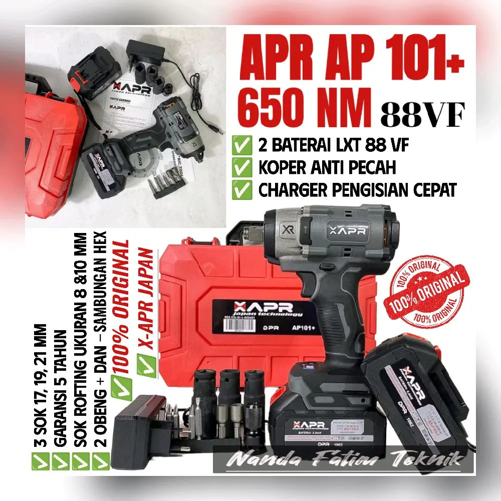APR JAPAN AP101+ MESIN BOR IMPACT PEMBUKA BAUT 650NM 88VF FACELIFT 2 BATERAI KOPER