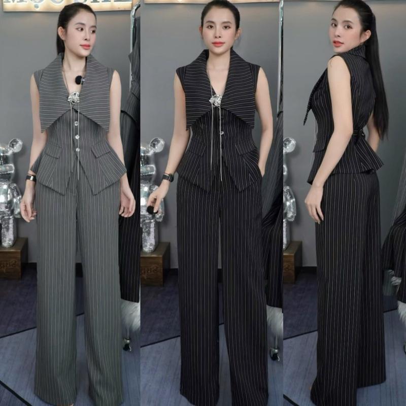 T650- Set áo vest và quần suông kẻ sọc Mộc She