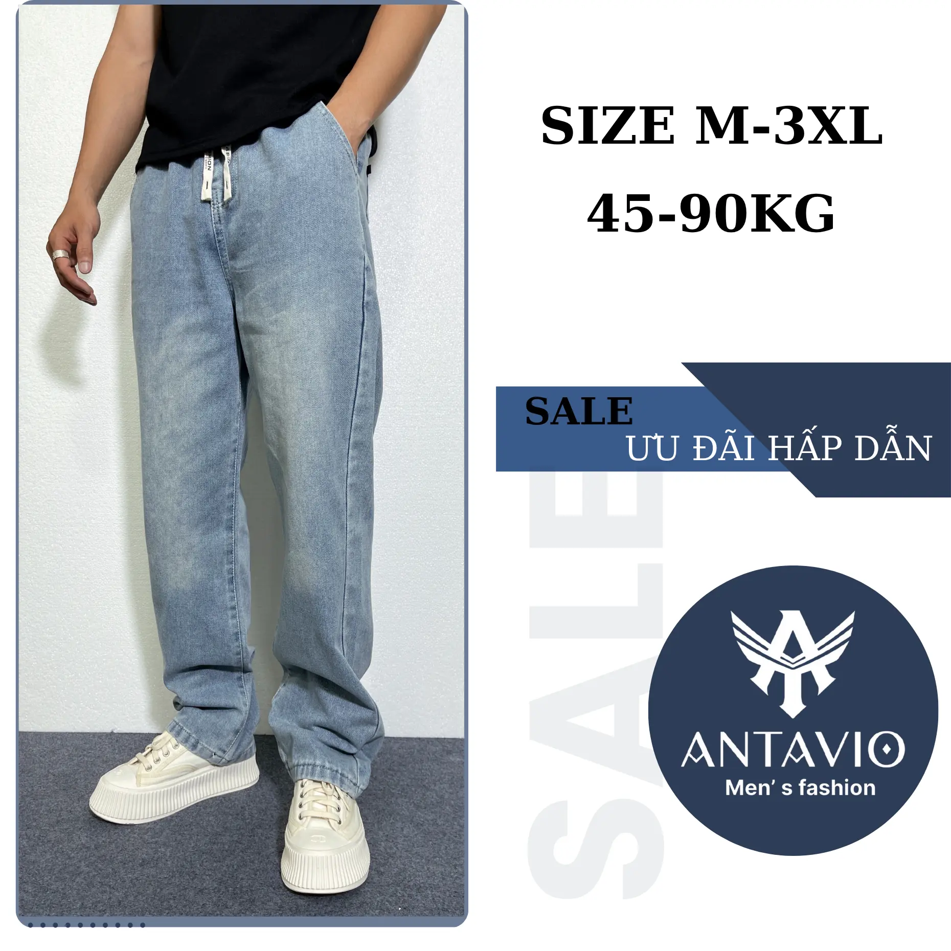 Quần Jean Ống Suông Nam  ANTAVIO Thiết Kế Phong Cách Hàn Quốc 3 Màu Xanh Sáng Đen Size M-3XL 45-90KG Chất Liệu Jean Mềm Cao Cấp Jean Suông 535