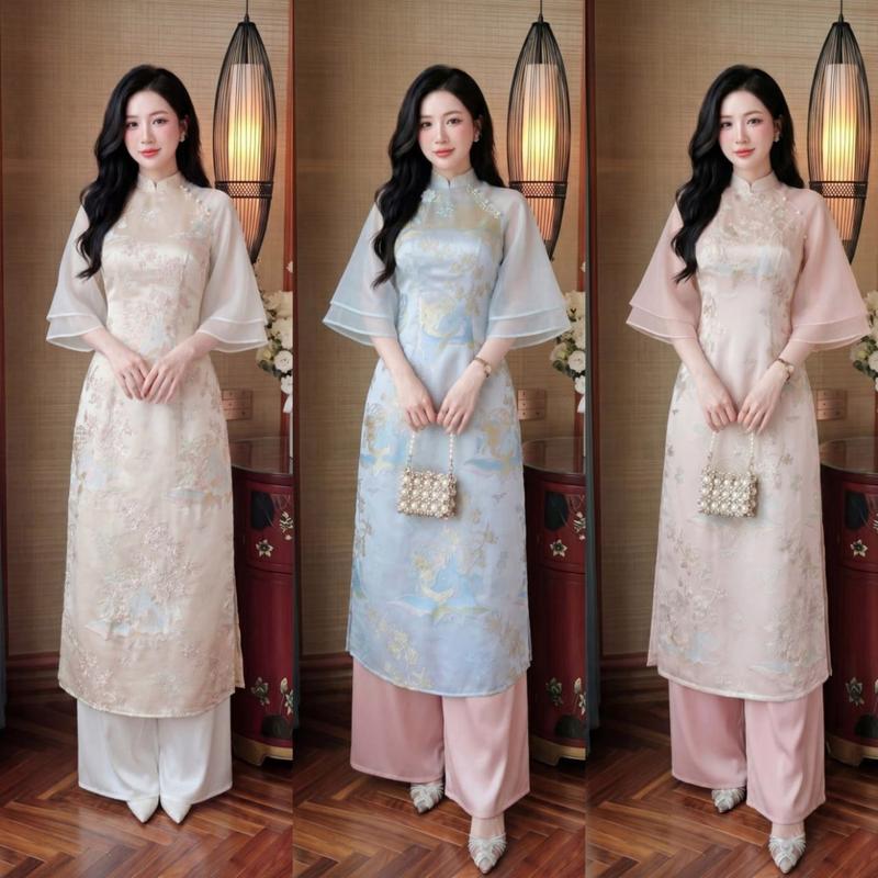 BST MDU5767 Áo Dài Gấm Cao Cấp – Hoa Văn Tinh Xảo, Cổ Cách Điệu Sang Trọng Dành Cho Nữ