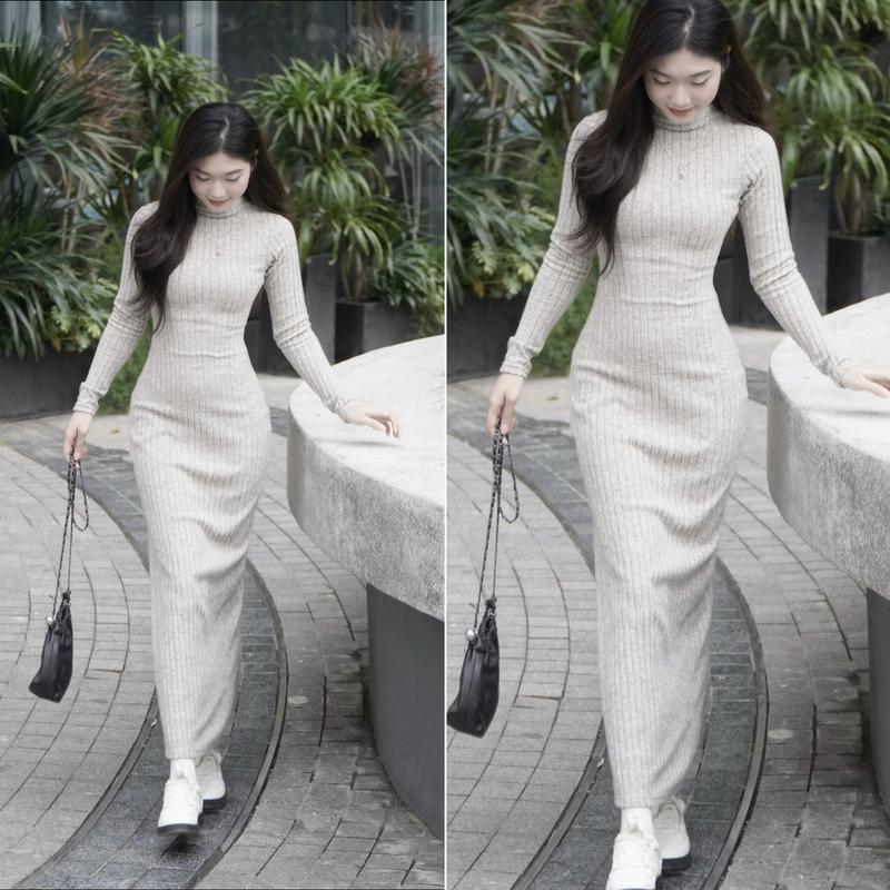   ĐIU HÓT   Gladimax Váy len ôm dáng dài ôm xẻ sườn cổ 3 phân chất liệu len đũa  mềm mịn ,vừa tay váy maxi mùa đông ôm body dài tay  v360 nữ Women 