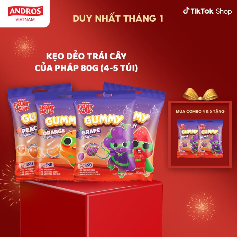  Kẹo Dẻo Trái Cây GUMMY từ Pháp loại 80G  COMBO 5 4 MIX VỊ  - Kẹo Dẻo Trái Cây Vị Chua Ngọt Bổ Sung Vitamin C - ANDROS FRUIT ME UP GUMMY - 80GR X 4 5 - Food Snack & Candy  - Kẹo Dẻo Trái Cây Thức Ăn Vặt Kẹo Tết 