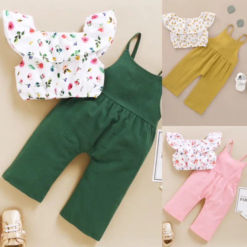 Pakaian Musim Gugur Bayi Perempuan, Atasan Kolar Ruffle Cetak Bunga, Seluar Suspender Tali, Set Pakaian Musim Gugur 2 Keping, Warna Hijau, SH1912608-2