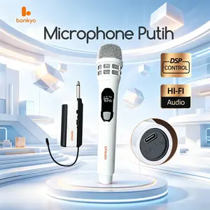 Bonkyo Mikrofon Karaoke Nirkabel Putih Rechargeable Dual UHF Portabel dengan Receiver LED & Bluetooth Kompatibel Speaker Aktif PA System Wireless Bass Mic DSP Control Hi-Fi Audio - Ponsel