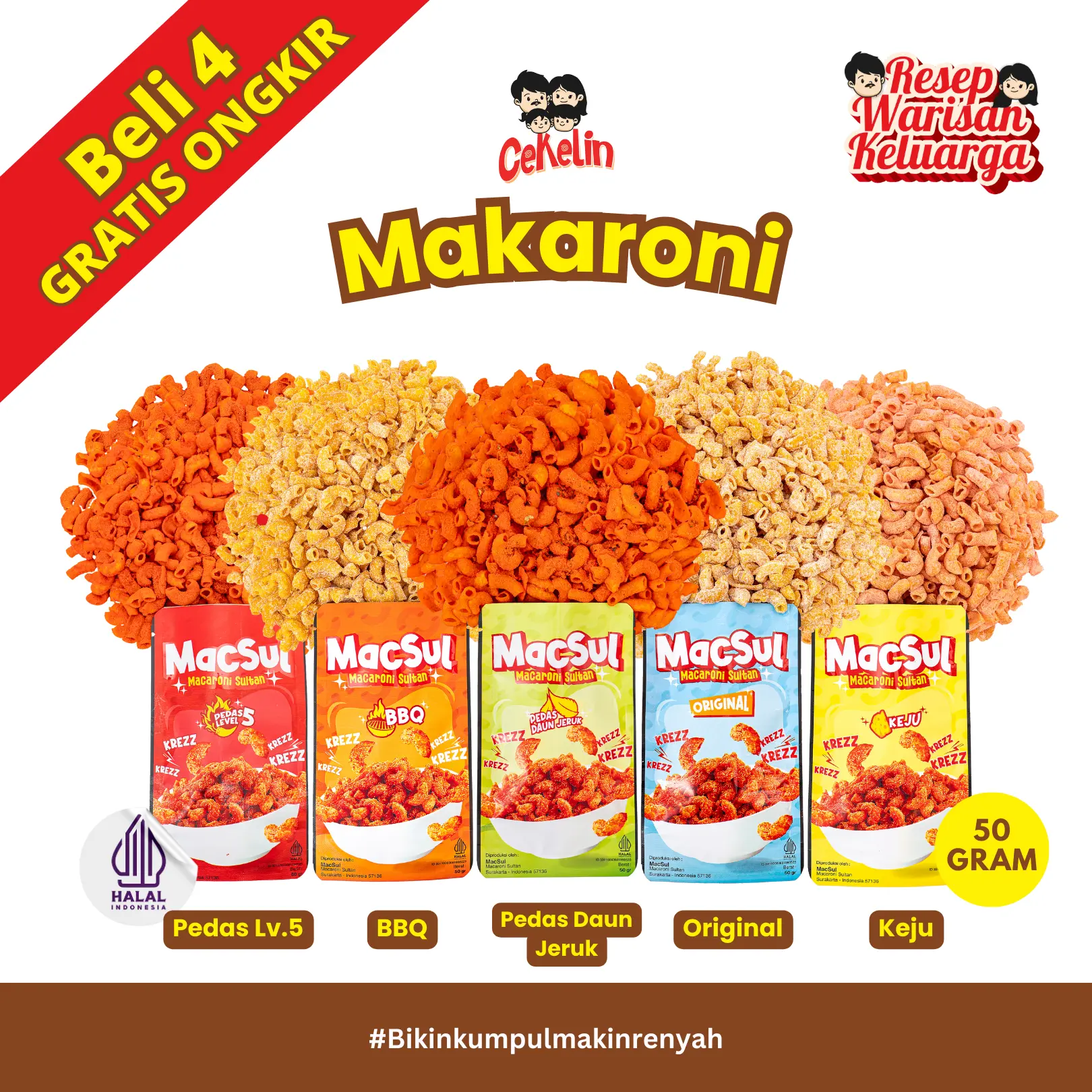 CEKELIN Cemilan Makaroni - Isi 50gr Beli 4 Gratis Ongkir  Snack