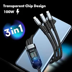 Kabel Data 3IN1 100W Fast Charging Micro Usb Type C Lightning - Logam Panjang dengan Chip Transparan & Transfer File 480MB/s Kompatibel IOS Android