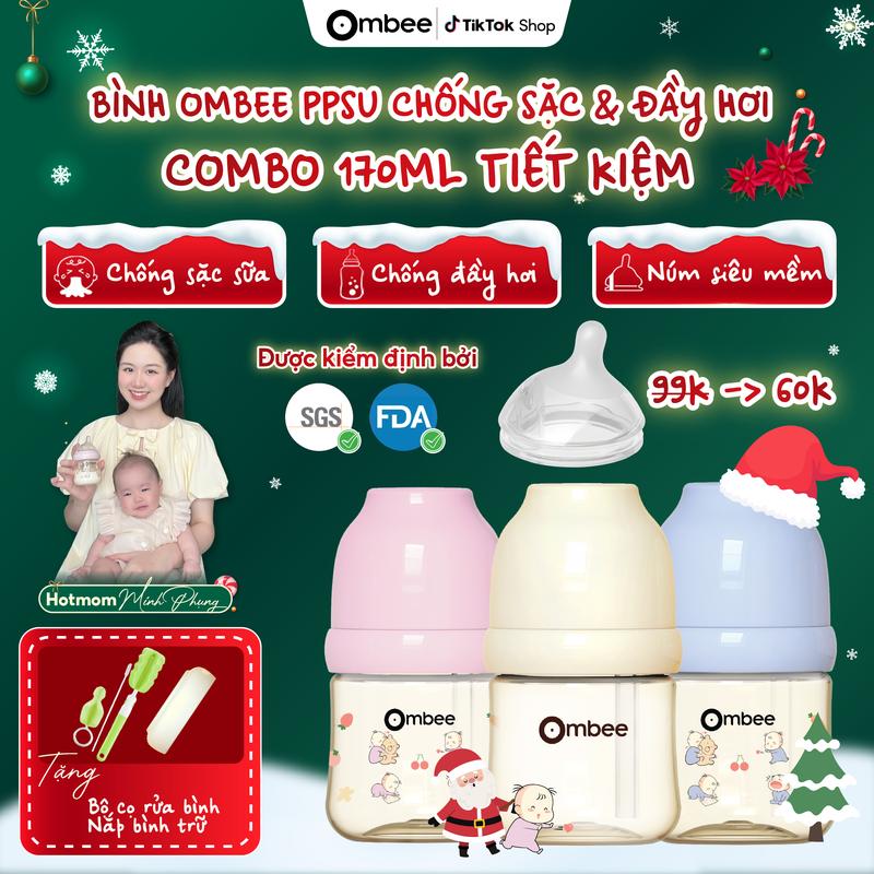 Combo tiết kiệm Bình sữa Ombee PPSU 170ml núm số 2 + Núm rời số 1 dành cho bé sơ sinh chống sặc đầy hơi núm siêu mềm