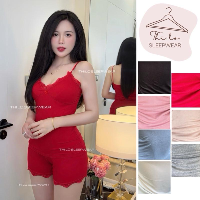 [MỎNG]Bộ đồ Ngủ 2 dây Thun Tăm Dùi Phối Ren Ôm, Mỏng, Ngắn [B01] Nữ Nhung Voi