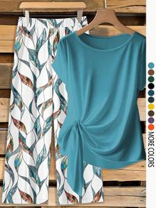 Conjunto casual para mujer con camisa estampada con cuello y pantalón recto holgado, perfecto para primavera y verano, cómodo de dos piezas