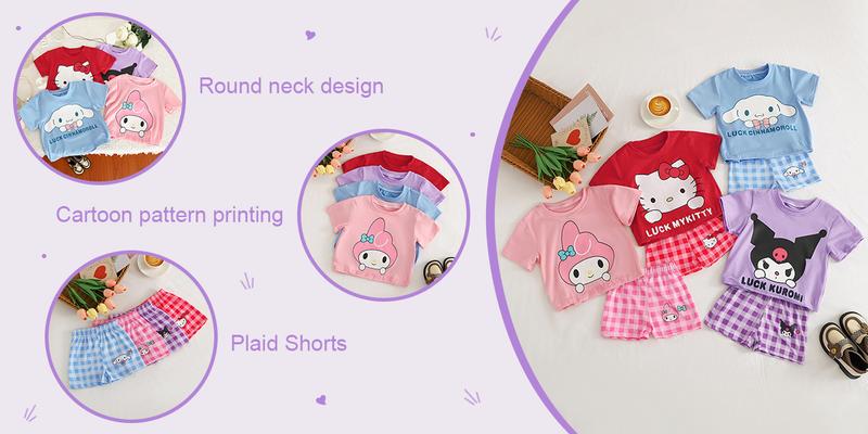 Product Introduction of BCBL Baby Girl Summer Set Kids Short Sleeve Plaid Shorts Kuromi Children's Outing Clothing Melody Pajamas Set Hello Kitty 3