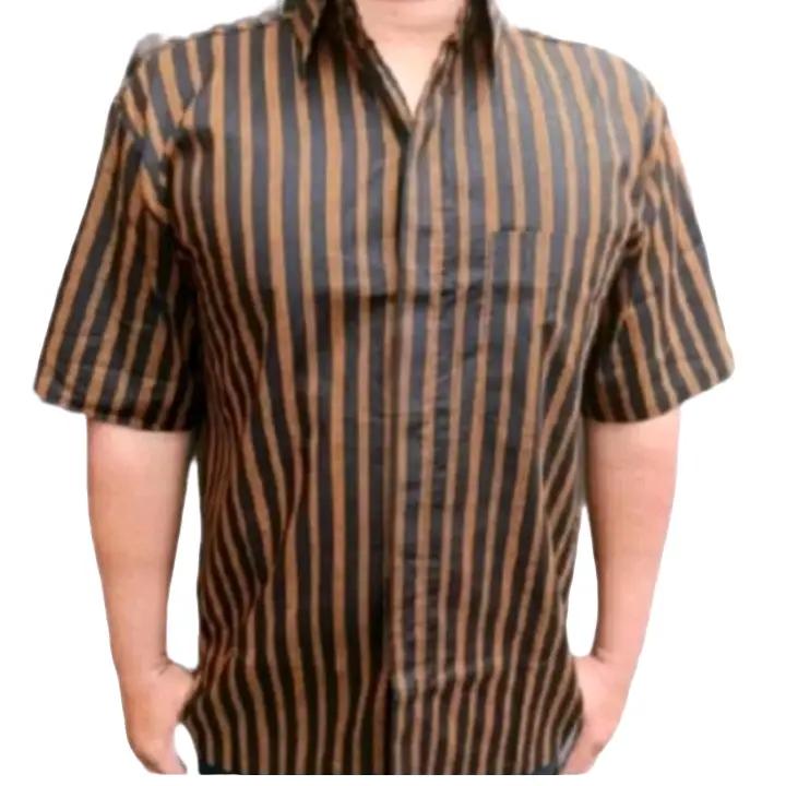 kemeja lurik tenun halus lengan pendek Hem Atasan Pria Dewasa Hitam Salur Formal Katun halus 2