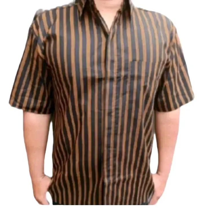 kemeja lurik tenun halus lengan pendek Hem Atasan Pria Dewasa Hitam Salur Formal Katun halus 2
