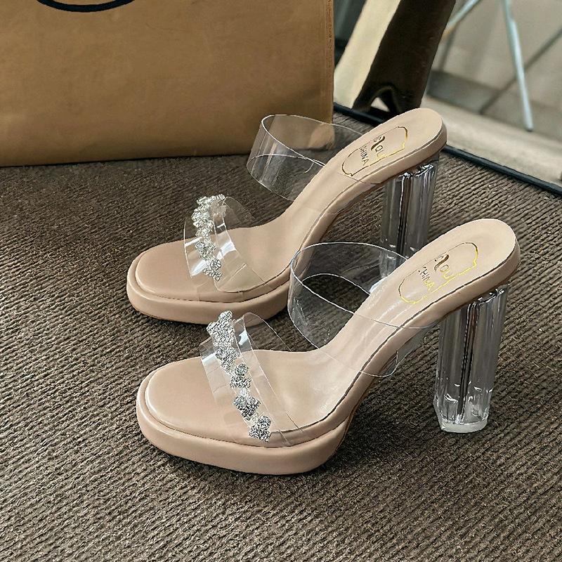 Chị Đẹp Store - Dép Sandal Trong Suốt 9 Phân Đính Hoa Cườm Guốc Mika Đá Gót Trong 9cm - HA20
