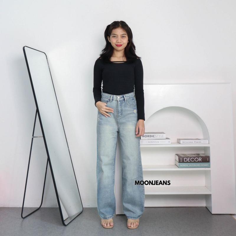 KarensaJeans X318 Celana Panjang Loose Jeans High Waist Ripped Wanita Kekinian Premium Quality 3