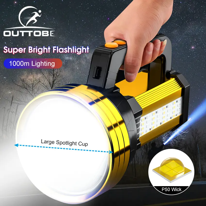 Outtobe Flashlights P50 Super Bright Waterproof Torchlight Rechargeable LED Spotlight High Powered Searchlight Lantern Flashlight Work Light With Side Light Phone Emergency Charging for Outdoor Camping