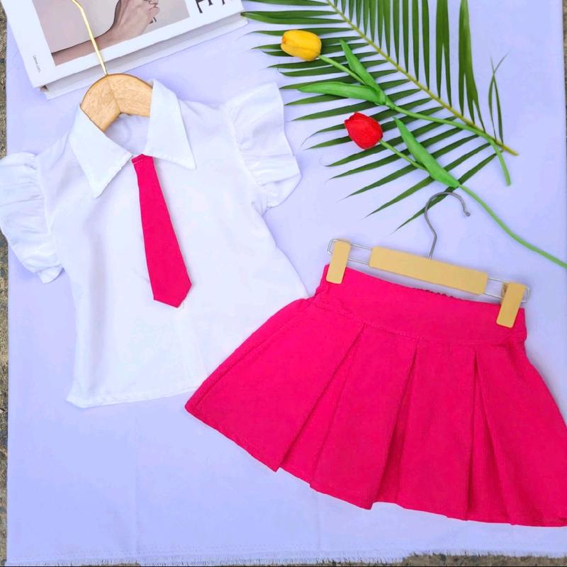 (9-30kg) Set áo sơ mi tay cánh tiên + cà vạt vải lụa mềm + chân váy xếp ly chất vải tuyết mưa mềm mịn