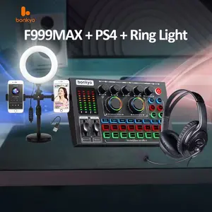 Bonkyo F999MAX Sound Card dengan Lampu Ring & Headset Set Lengkap untuk Siaran Langsung Profesional Audio Laptop Logam Hitam F999MAX PS4 Ring Light