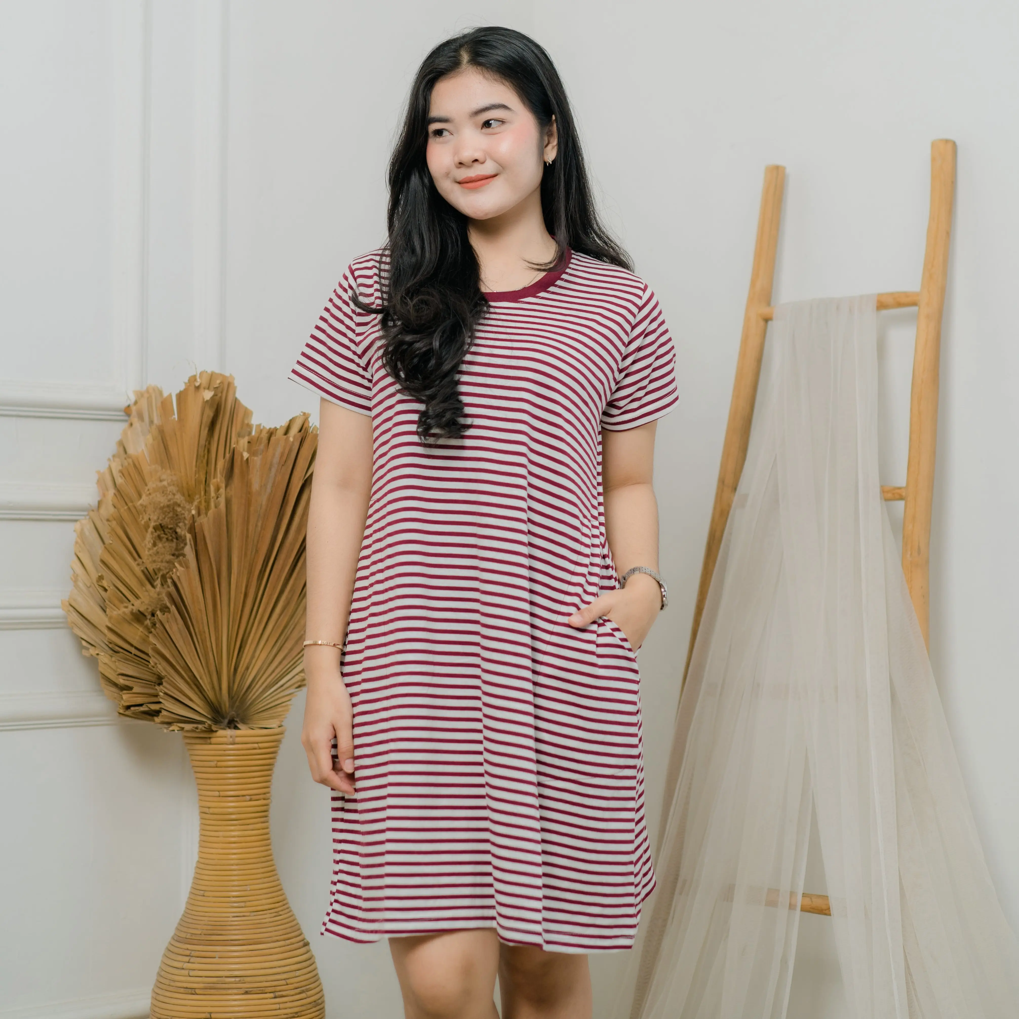 ERGE-ALEXA Dress Stripe Wanita Casual Salur Katun - Baju atasan wanita motif salur