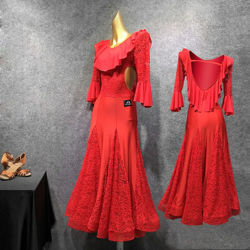 Red Lace Ruffle Ballroom Dance Dress Practice Clothes Modern dance