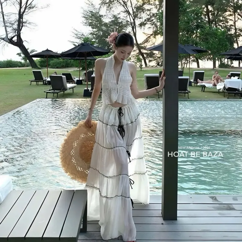 (Dilyshop08) Set hai chi tiết áo cổ yếm buộc dây điều chỉnh ngực xa gần phối chân váy dài buộc nơ đen