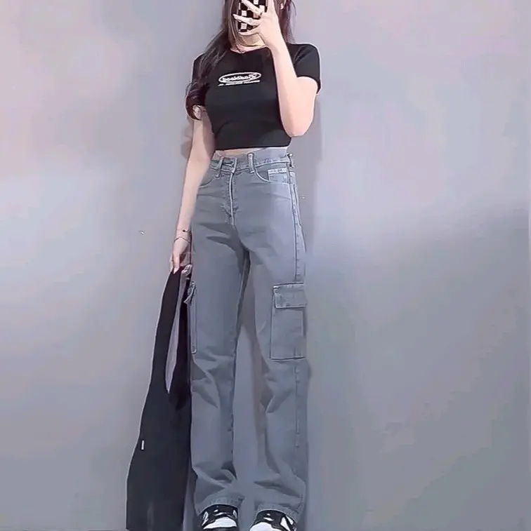High Waist Celana Cargo Jeans Loose Wanita Voll 1 || Korean Style Bawahan Baggy Kantong Panjang
